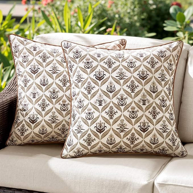 ANRODUO Floral Outdoor Waterproof Pillow Covers Set of 2 Brown 20x20 Inch | Square Block Print Decorative Cushion Cases With Refined Edge Piping for Summer Patio Porch Garden Couch Sofa Bench Decor