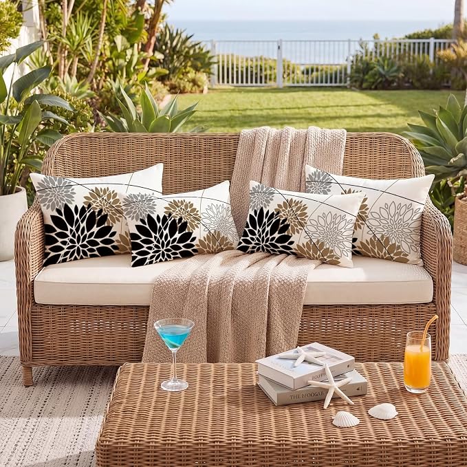 OTOSTAR Outdoor Black Brown Pillow Covers 12x20 Inch Set of 2 Light Brown Flower Throw Pillows Farmhouse Geometric Dahlia Floral Lumbar Cushion Case Waterproof Decor for Sofa Patio Funiture Garden