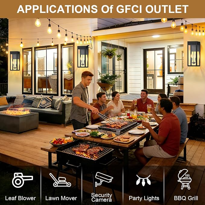 2-Pack 17.87" Extra Large Outdoor Wall Lights with GFCI Outlet, Black 2-Light Porch Lights Outdoor, Waterproof Exterior Lamp with E12 Sockets for House, Porch, Patio, Garage