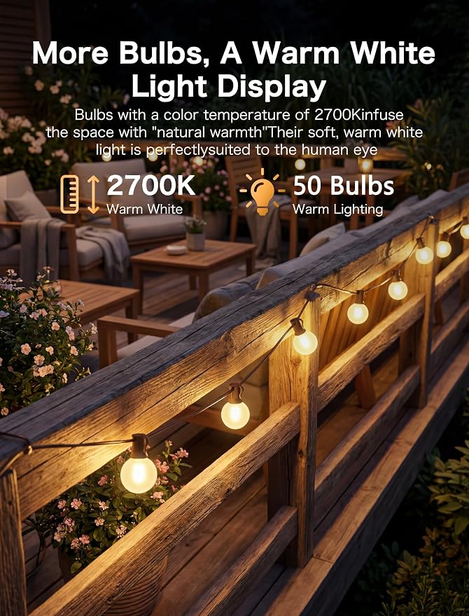 SUNSGNE 50FT Brown Outdoor Edison String Lights, Waterproof Shatterproof LED Globe String Lights with 50 G40 LED Frosted White Bulbs for Backyard Patio Porch Balcony Party Decor, E12 Base