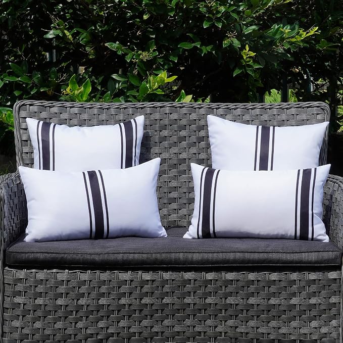 ONWAY Outdoor Pillow Covers 18x18 Waterproof Set of 2 Decorative Throw Cushion Cover White and Black Striped Outdoor Pillows for Patio Furniture