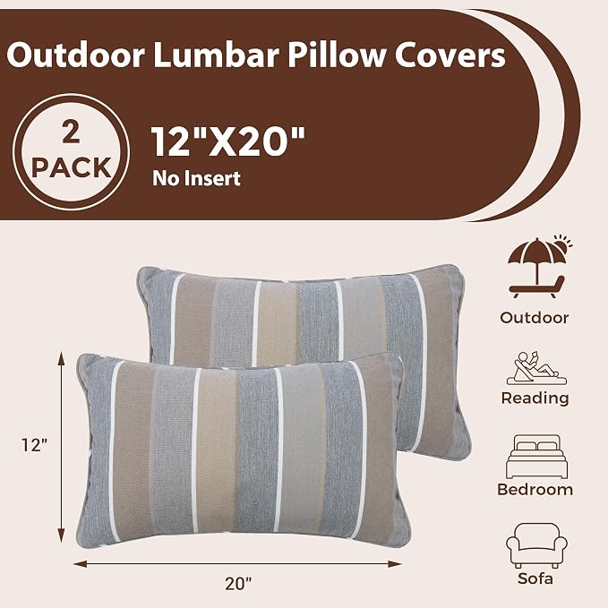 FUNHOME Outdoor Lumbar Pillow Covers 12X20 Inch, No Insert-Grey Stripe | Patio Lumbar Cases Pack of 2, Water-Repellent, Throw Pillowcase for Couch Garden Furniture