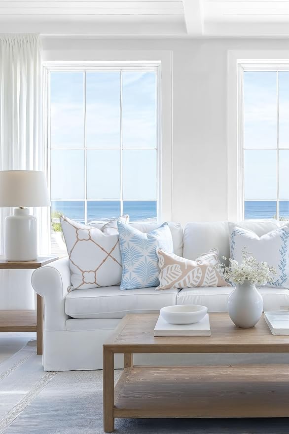 Hofdeco Premium Grandmillennial Coastal Hampton Patio Indoor Outdoor Throw Pillow Cover Only, 20"x20" Water Repellent for Backyard, Couch, Poolside, Baby Blue Embroidered Leaves Frame