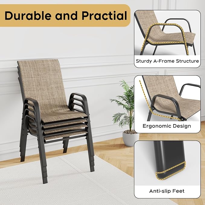 Outdoor Patio Dining Set for 4, 5 Pieces Patio Table and Chairs Set with Umbrella Hole, 37.8"x 37.8" Square Metal Wood-Grain Dining Table Set with 4 Stackable Patio Chairs for Deck , Backyard, Porch