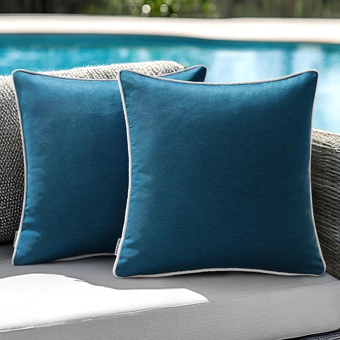 ANRODUO Set of 2 Outdoor Waterproof Pillow Covers 16x16 Inch Navy Blue Decorative Throw Pillow Covers Linen Square Solid Color Couch Pillow Covers for Patio Tent Bed Sofa and Living Room Summer Decor