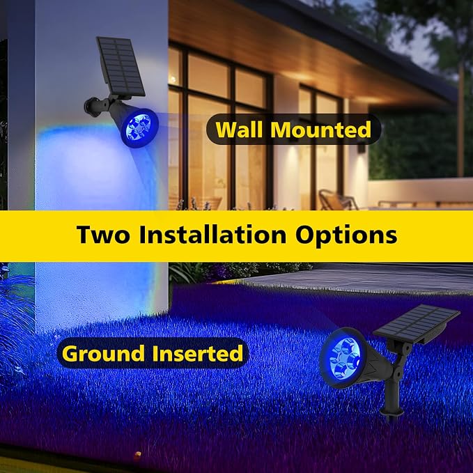 T-SUN Blue Solar Spot Lights Outdoor Waterproof, Solar Spotlights, 2 Pack | 4 LEDs, 2 Lighting Modes, IP65 Waterproof Dusk to Dawn Solar Lights for Tree, Patio, Yard, Garden, Driveway, Halloween