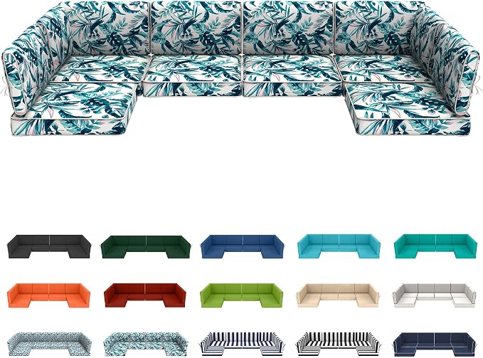 14pc Waterproof Outdoor Couch Cushions for 6 Seat Patio Hawaiian Leaves | Water-resistant, UV-resistant,14pc High-Density Foam Replacement Cushions for 6-Seat Outdoor Sectional Furniture