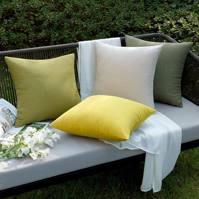 EMEMA Outdoor Waterproof Beige Pillow Covers 18x18 Inch Rustic Decorative Throw Pillow Covers Cushion Case Square for Patio Sofa Couch Home Bed Farmhouse Car Decor Set of 2