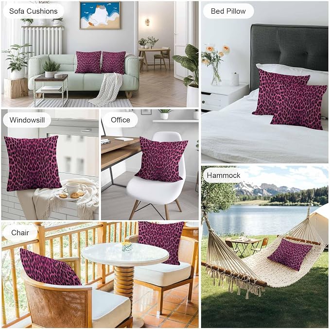 Vandarllin Outdoor Throw Pillows Covers 18x18 inch Set of 2 Waterproof Pink Leopard Print Decorative Zippered Cushion Covers for Patio Furniture, Retro Animal Fur Pattern Lumbar Pillowcases