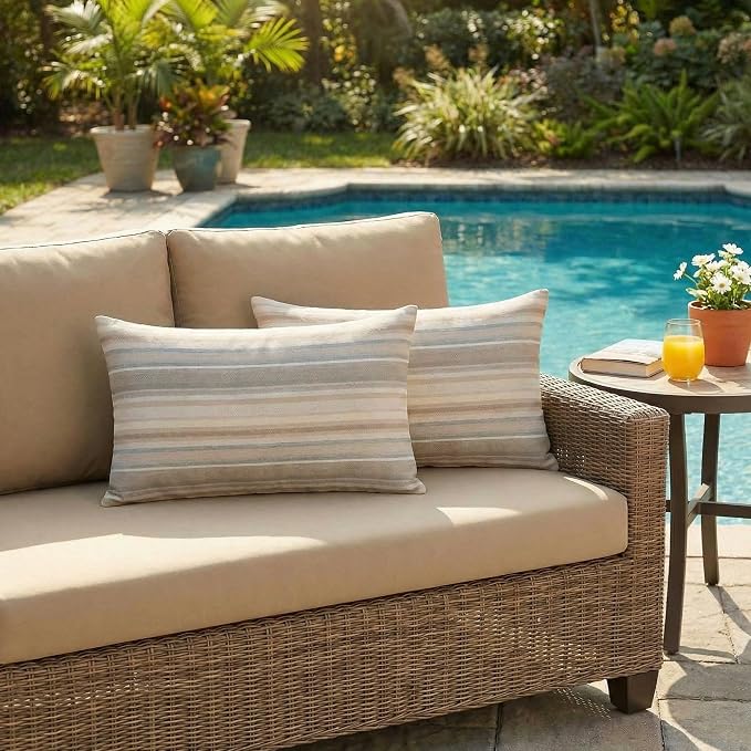 RSH DECOR: Sunbrella Lumbar Throw Pillows Set of 2 | 20" x 12" | Water and Fade-Resistant Performance Fabric | Outdoor Pillow Covers with Down-Alternative Inserts | Made in USA (Atwell Champagne)