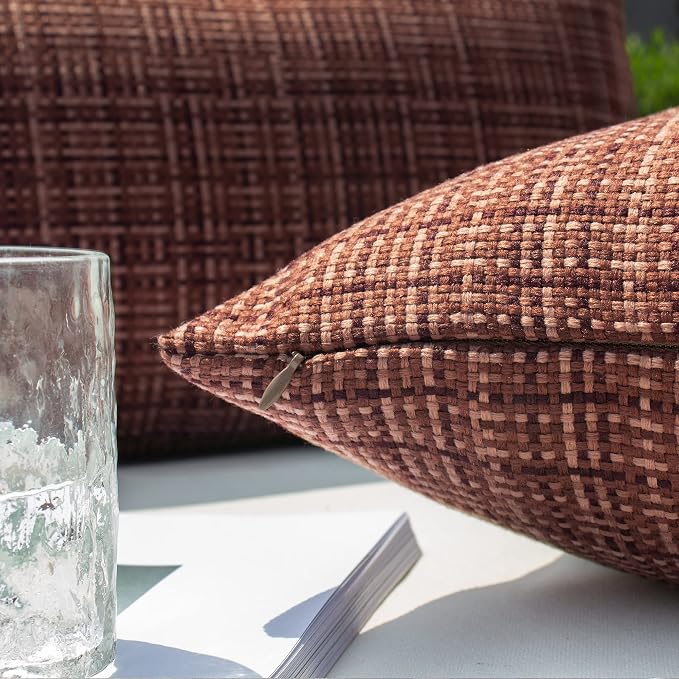 Kevin Textile Outdoor Waterproof 26x26 Inch Pillow Covers 2 Pack, Coffee | Water Resistant, Faux Linen Yarn-dyed, Woven Texture Euro Throw Pillow Covers for Tent Patio Garden Couch Sofa