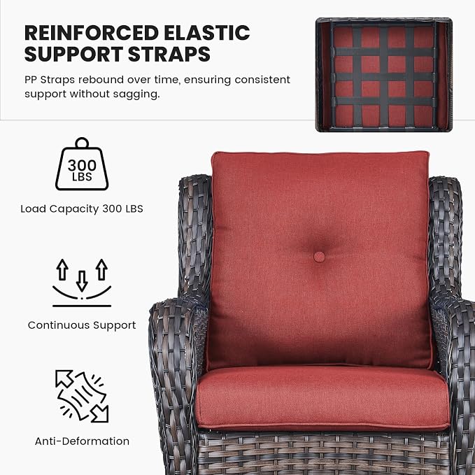 Belord Outdoor Furniture Set Patio Wicker Chairs, 3 Peices Porch Rattan Furniture with Side Table, Deep Seating Patio Bistro Chair Sets (Red Cushion)
