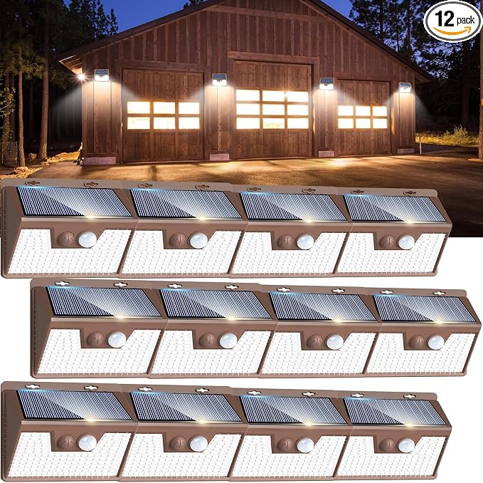 Solar Lights Outdoor Waterproof [12 Packs/140 LEDs], 3 Lighting Modes Solar Motion Sensor Light Outdoor, Ultra Bright Security Lights Outdoor Solar Lights for Outside Fence Patio Deck[Brown]