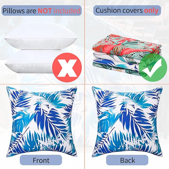 Outdoor Tropical Leaves Pillow Covers Waterproof Decorative Blue Leaf Pillow Covers Summer Accent Couch Covers Garden Farmhouse Throw Cushion Cases 20x20 Set of 2 for Patio Tent Balcony Bench Sofa