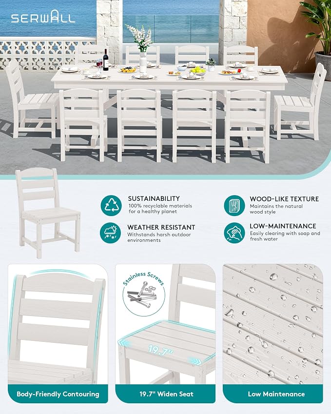 SERWALL 10 Piece Outdoor Dining Set with 15ft Triple-Head Foldable Umbrella(Based not Included), 84" HDPE Outdoor Table and Armless Chairs Set for 8, White
