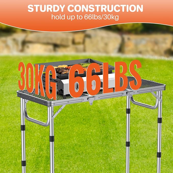 FUNYKICH 3ft Folding Grill Table for Outside 34.2''x15.7'', 3 Height Adjustable Portable Camping Table, Lightweight Metal Aluminum Outdoor Table with Carry Handle for Camping, Picnic, BBQ, Silver