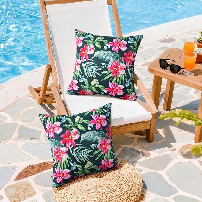 Pyonic Tropical Waterproof Outdoor Pillow Covers 18x18 inch Green Leave and Red Flowers Throw Pillowcase for Summer Patio Furniture Garden Porch Pool Decor