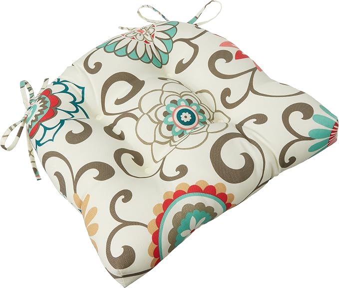 Pillow Perfect Bright Floral Indoor/Outdoor Tufted Wicker Seat Cushion With Ties, 2 Count, 17" x 17.5", Blue/Brown Pom Pom Play