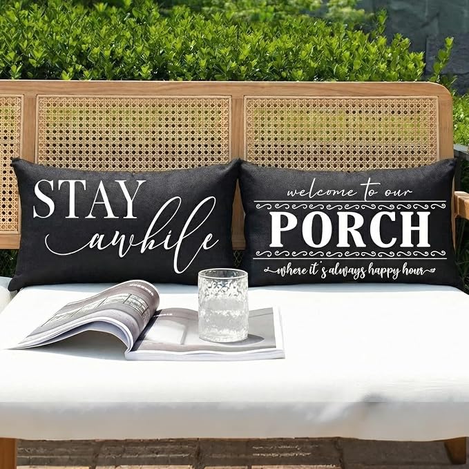 Porch Decor Black Outdoor Lumbar Pillow Covers Waterproof 12x20, Set of 2 | Front and Back Porch, Patio Furniture, Weather Resistant Outdoor Pillows, No Inserts, Welcome Sign for Front Porch