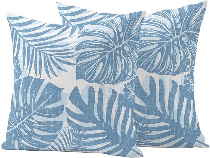 Coastal Blue Palm Leaves Outdoor Pillow Covers 16"x16" Set of 2, Tropical Botanical Minimalist Modern Waterproof Throw Pillow Covers for Patio Furniture, Decorative Cushion Covers for Porch