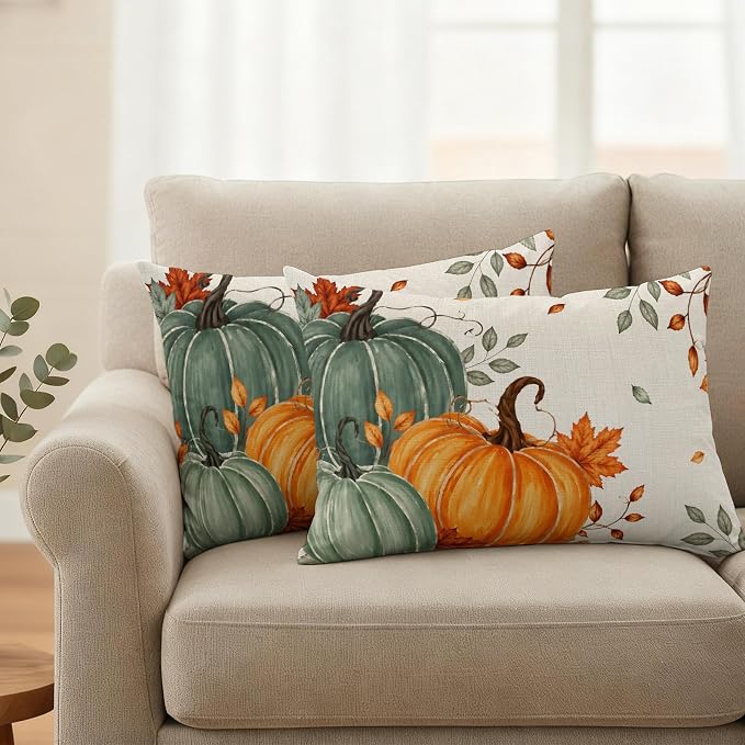 Green Orange Fall Waterproof Outdoor Pillow Covers 20''x12'' Set of 2, Maple Leaves Thanksgiving Patio Furniture Cushion Covers for Chairs,Decorative Farmhouse Beige Pillow Cases for Garden/Pool/Beach