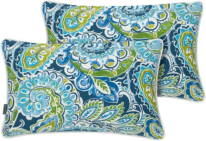 Magpie Fabrics Pack of 2 Outdoor Lumbar Pillow Case Covers 12"x20", Waterproof Rectangular Throw Pillowcase Shell Decorative Sham for Patio Garden Couch - Paisley Lapis Green