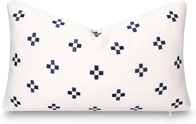 California Casual Coastal Indoor Outdoor Lumbar Pillow Cover, 12"x20" Water Repellent for Patio, Backyard, Couch, Poolside, Neutral Navy Embroidered Small Squares