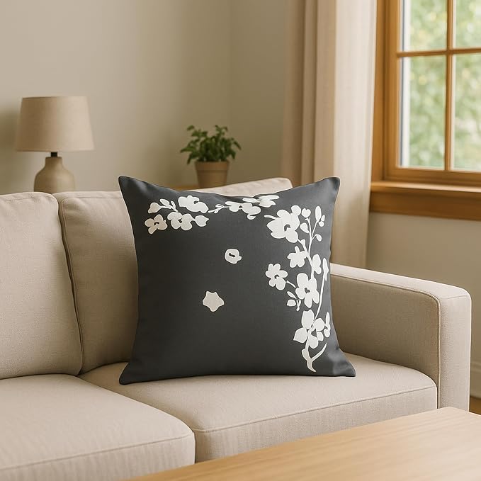 Fab Habitat Indoor/Outdoor Throw Pillow Made from Recycled Polyester Yarn - Stain Resistant, Machine Washable, Insert Included - Floral - Patio, Deck, Living Room - Cherry Blossom Gray (20" x 20")