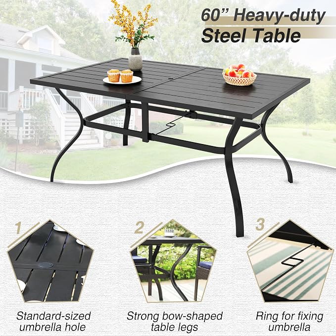 PHI VILLA 7 Piece Patio Dining Set, 60” Rectangular Table, Rattan Chairs | Outdoor Dining Set for 6, Metal Dining Table with Umbrella Hole, Wicker Chairs with Cushions for Patio, Deck, Porch