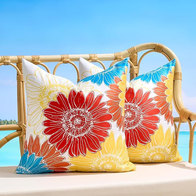 Outdoor Pillow Covers Waterproof Summer Throw Pillow Covers Red Orange Sunflower Decorative Floral Square Farmhouse Cushion Throw Pillowcase 16x16 Set of 2 for Living Room Sofa Patio Furniture Garden