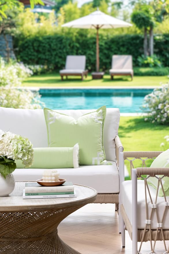 Hofdeco Premium Coastal Hampton Outdoor Performance Throw Pillow Cover Only, 20"x20" Water Repellent, UV and Fade Resistant for Backyard, Couch, Poolside, Grass Green Embroidered Frame Greek Key