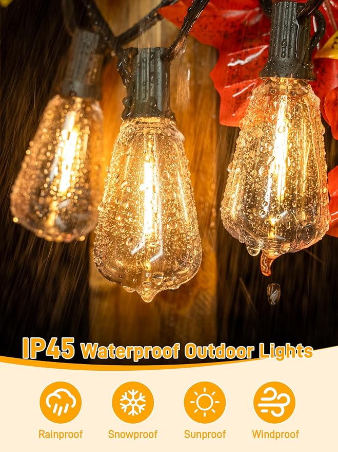 Guhope Outdoor String Lights Dimmable with Remote, 100 FT Outdoor Lights with 2 Timer and 3 Mode, Waterproof & Shatterproof Patio Lights, 2200K Energy Saving String Lights 3 Spare Bulbs for Patio Yard