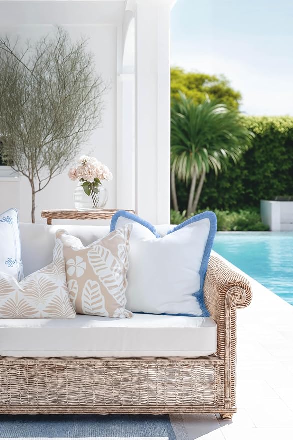 Hofdeco Premium Coastal Hampton Patio Indoor Outdoor Throw Pillow Cover Only, 20"x20" Water Repellent for Backyard, Couch, Poolside, Sand Beige Print Palm Leaves and Hisbucs Flowers
