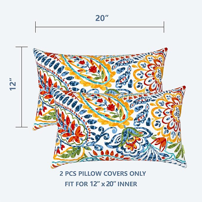 LVTXIII Outdoor Lumbar Pillow Covers, Patio Decorative Lumbar Pillow Cases ONLY, Fluffy Fade-Resistant Lumbar Cushion Cases for Home Balcony and Garden, 12x20 Inch, Pack of 2, Paisley Multi
