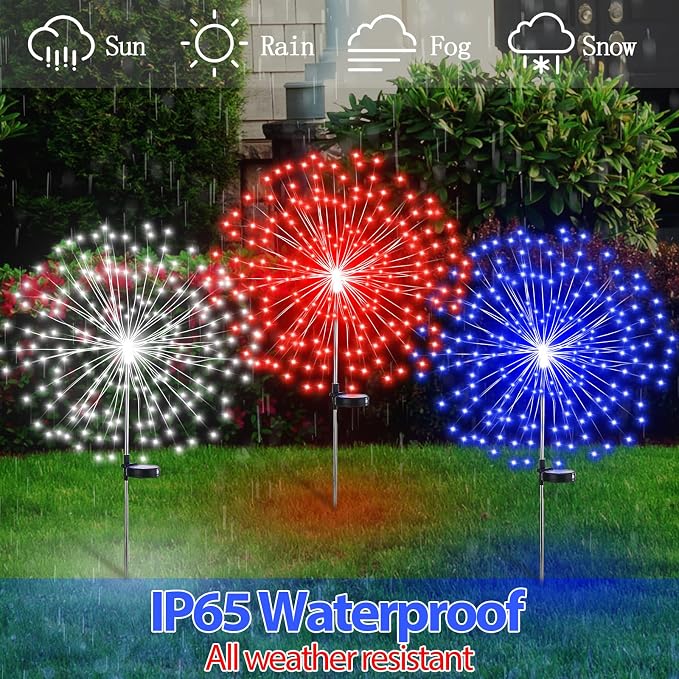 Tujoe 12 Pcs 4th of July Solar Firework Stake Lights 180 LED 8 Modes Solar Waterproof LED Sparkler Lights Outdoor Patriotic Decoration for Memorial Independence Day Garden Patio Yard(Red, Blue, White)