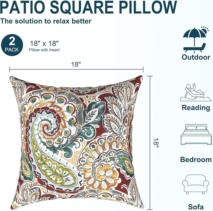 DYTXIII Pack of 2 Waterproof Outdoor Pillow with Inserts, 18x18 Square Patio Decorative Throw Pillow for Home,Sofa,Bench and Patio Furniture,Paisley Chilli