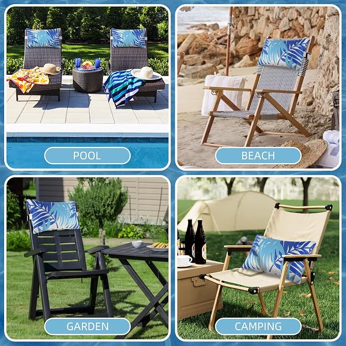 Outdoor Pillow for Chaise Lounge Chair, 2pcs Chaise Lounge Pillows Lumbar Pillows with Insert and Adjustable Elastic Strap for Patio Beach Office Chair, Blue Leave