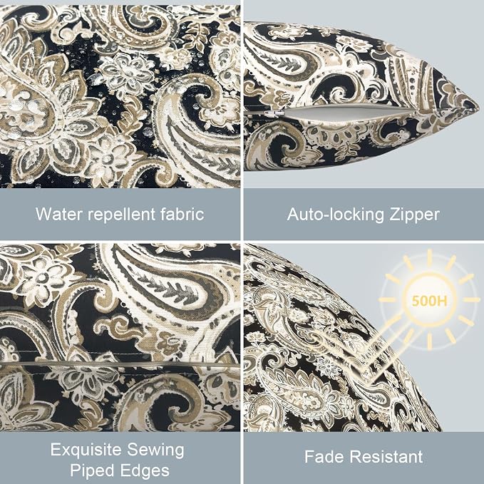 LVTXIII Outdoor Lumbar Pillow Covers Only Set of 2 Patio Decorative Pillow Cases, Water Repellent Lumbar Cushion Cases for Sofa, Patio Couch Garden Use, 12x20 Inch, Paisley Black