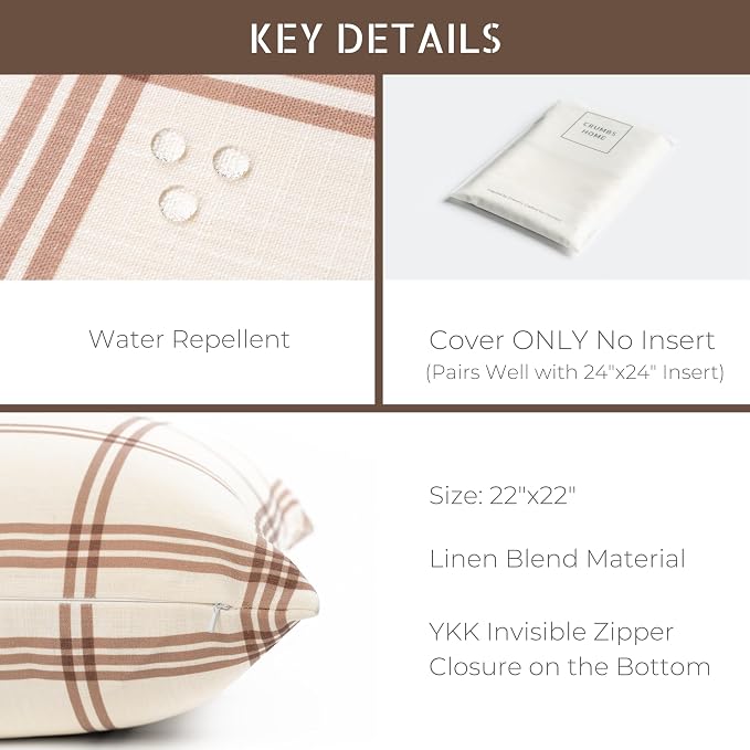 Crumbs Home Modern Farmhouse California Casual Indoor Outdoor Throw Pillow Cover, 22"x22" Water Repellent for Patio, Backyard, Couch, Poolside, Earth Tone Brown Dark Khaki Print Plaid