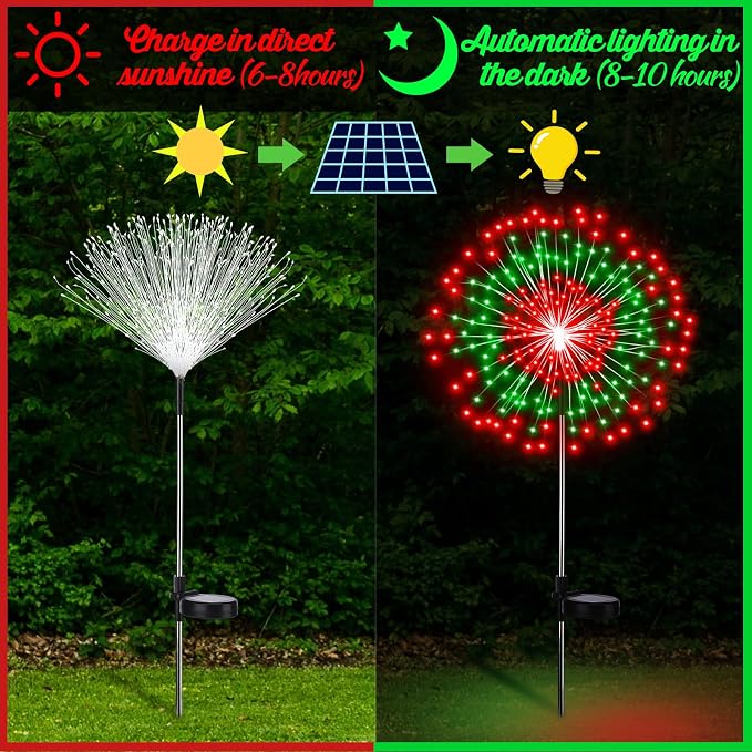 Tujoe 6 Pcs Christmas Solar Firework Stake Lights 180 LED 8 Modes Solar Waterproof LED Sparkler Lights Outdoor Decoration for Garden Patio Yard Pathway Walkway Lawn Xmas Decor (Red-Green)