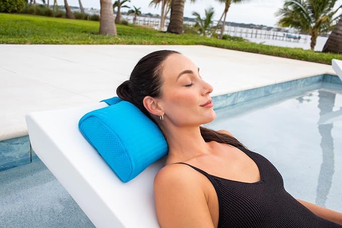 Headrest pillow for patio chaise lounge, in pool lounger on ledge with non-slip weighted tail and cellphone pocket, quick drying outdoor for all weather pool furniture and loungers (Havelock Blue)