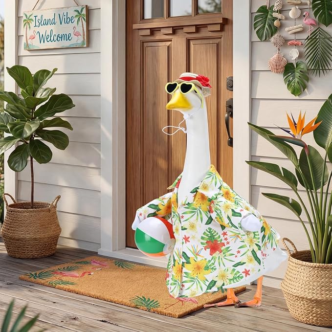 Hawaiian Beach Porch Goose Outfits for 23 Inch Statue | Summer Tropical Shirt with Swim Ball Costume for Cement Statue, Luau Sculpture Clothes for Swimming Pool Party Decoration