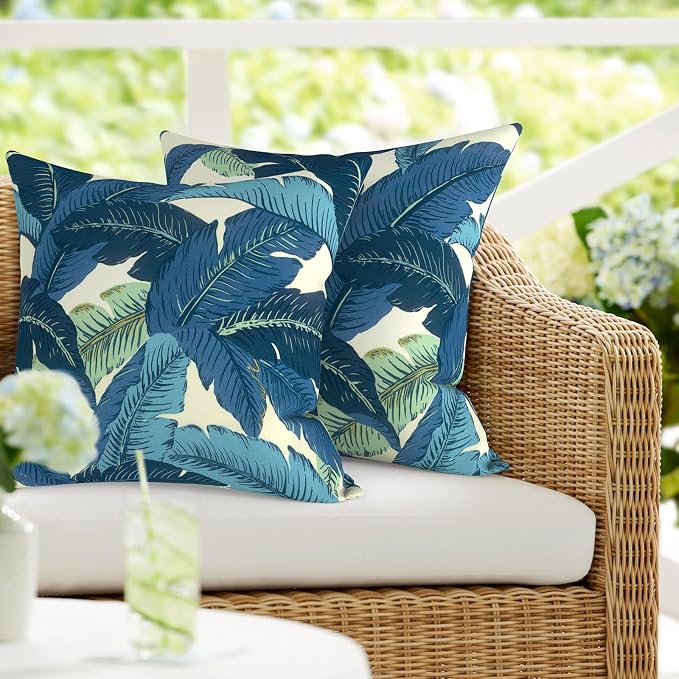 DYTXIII Pack of 2 Outdoor Waterproof Pillow Covers ONLY, 18"x18" Square Decorative Double Printed Throw Pillow Cases for Patio Couch Porch Furniture, Swaying Palms Blue