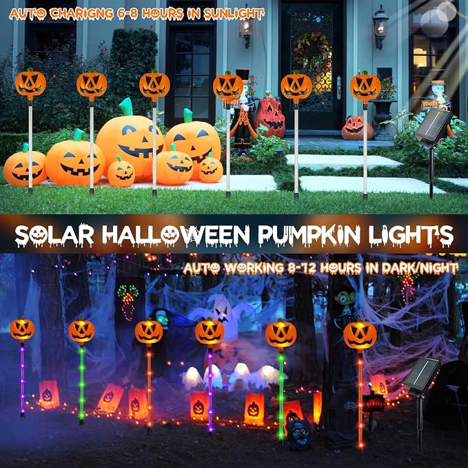 12 Pack Solar Pumpkin Lights Outdoor Waterproof for Halloween Decorations | 8 Modes Halloween Pathway Solar Lights, Orange Purple and Green, for Yard Garden Patio Holiday Party Decor