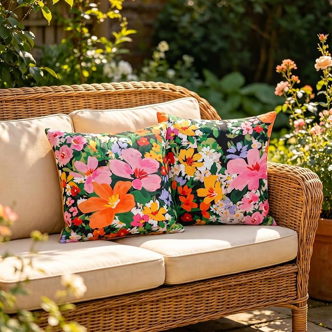 Merrycolor Waterproof Floral Pillow Covers 18x18 Inch Set of 2 Bright Pink and Orange Outdoor Decorative Cushion Cases for Patio Garden Beach Sofa Colorful Summer Accent Throw Pillows