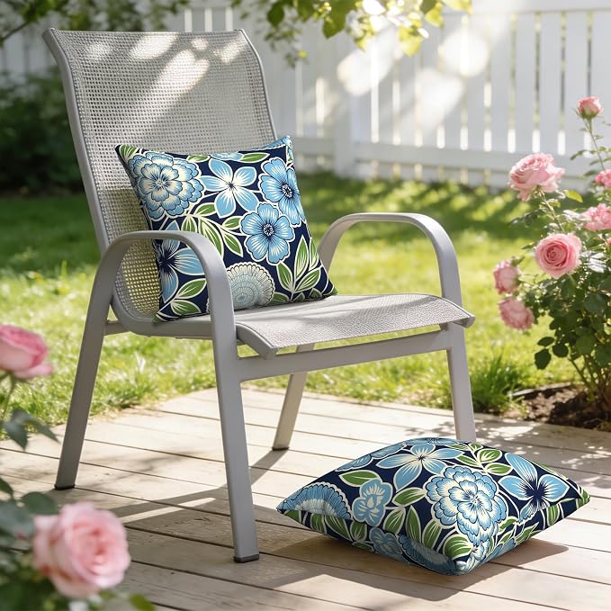 Outdoor Pillows with Insert 18x18 Inch, Waterproof Throw Pillow for Patio Furniture, Decorative Back Cushion for Garden Home Sofa Office Chair, Set of 2, Azure Botanical Symphony