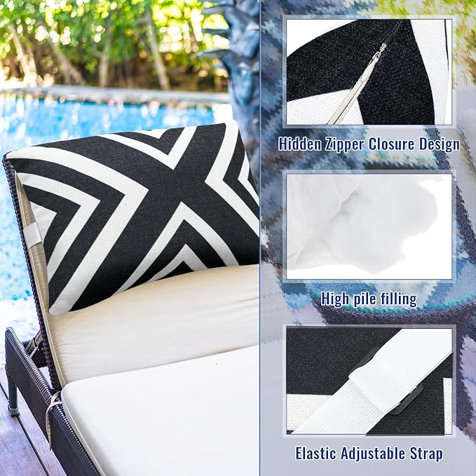 Juexica 4 Pcs Black & White Chaise Lounge Headrest Pillow, 16 x 11'', Stripe Decorative Outdoor Patio Neck Headrest Pillow, Adjustable Elastic Strap, Waterproof for Pool Recliner Hammock Beach Chair