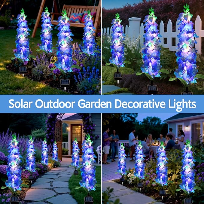 MRHEPHAESTUS Solar Garden Lights, Solar Blue Delphinium Flowers Lights 8 Pack 160 LEDs, Waterproof Outdoor Light Two Lighting Modes for Outside Wedding Party Garden Yard Patio Lawn Decor