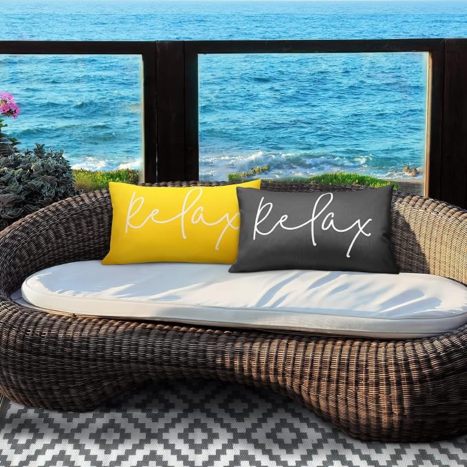 Lewondr Waterproof Outdoor Throw Pillow Cover, 2 Pack, 12"x20", Black | Relax Printing, Summer Garden Decor, For Patio Sofa, Balcony Couch, Bench Porch