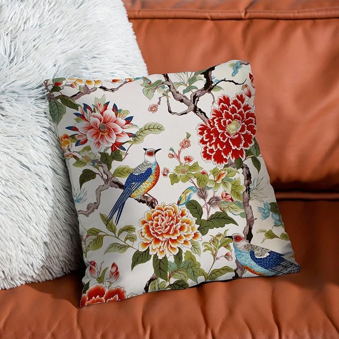 Cushion Cases Chinoiserie Tree Peony Bird Pillowcase Retro Floral Coral Turquoise Pillow Cover Accent Square Couch Sofa Cushion Covers for Patio Couch Bench 20x20 in